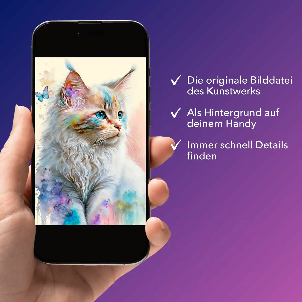 Digitale Bildmappe zum Diamond Painting Motiv: Zartes Kätzchen auf dem Smartphone als praktische Vorlage für kreative
