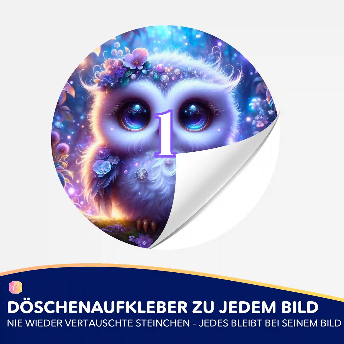 Bunter Eulen-Döschenaufkleber mit Nummer 1 für Diamond Painting Zubehör zur geordneten Aufbewahrung von Diamanten.