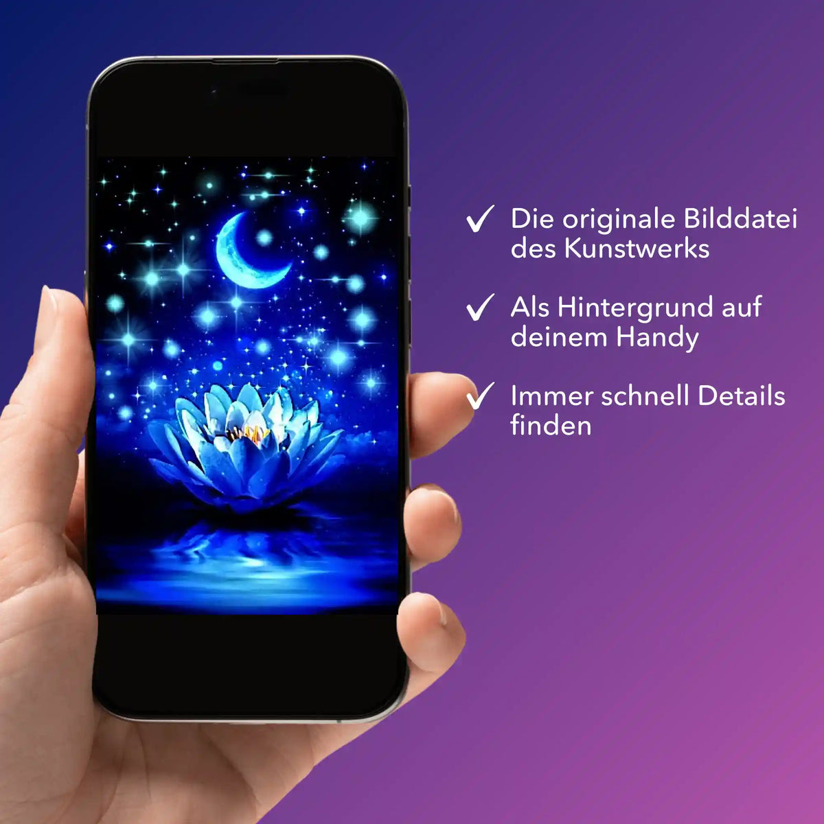 Smartphone mit digitaler Bildmappe Blaue Seerose für dein Diamond Painting oder Malen nach Zahlen Kunstwerk