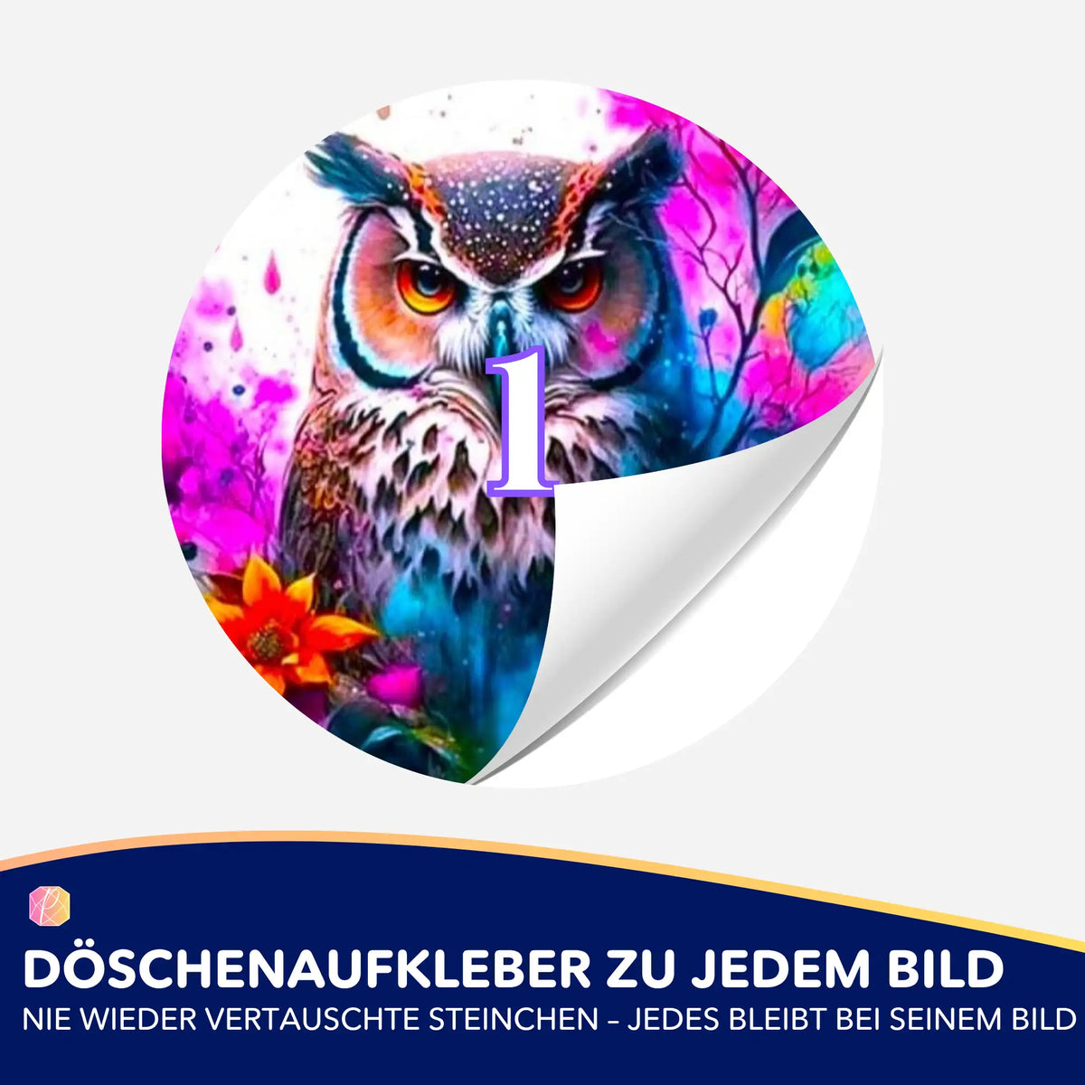 Bunter Eulen-Döschenaufkleber für Diamond Painting Zubehör zur optimalen Sortierung von Diamanten Steinchen.