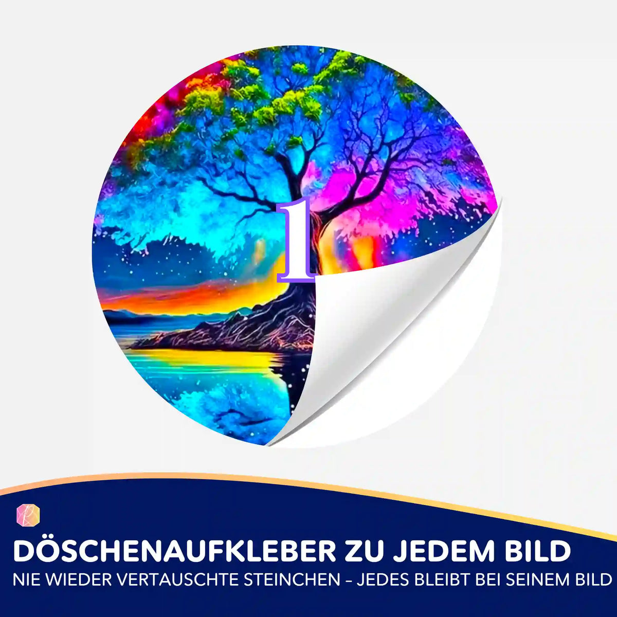 Bunte Diamond Painting Döschenaufkleber mit Rainbow Tree Motiv zur organisierten Sortierung von Diamanten Steinchen.