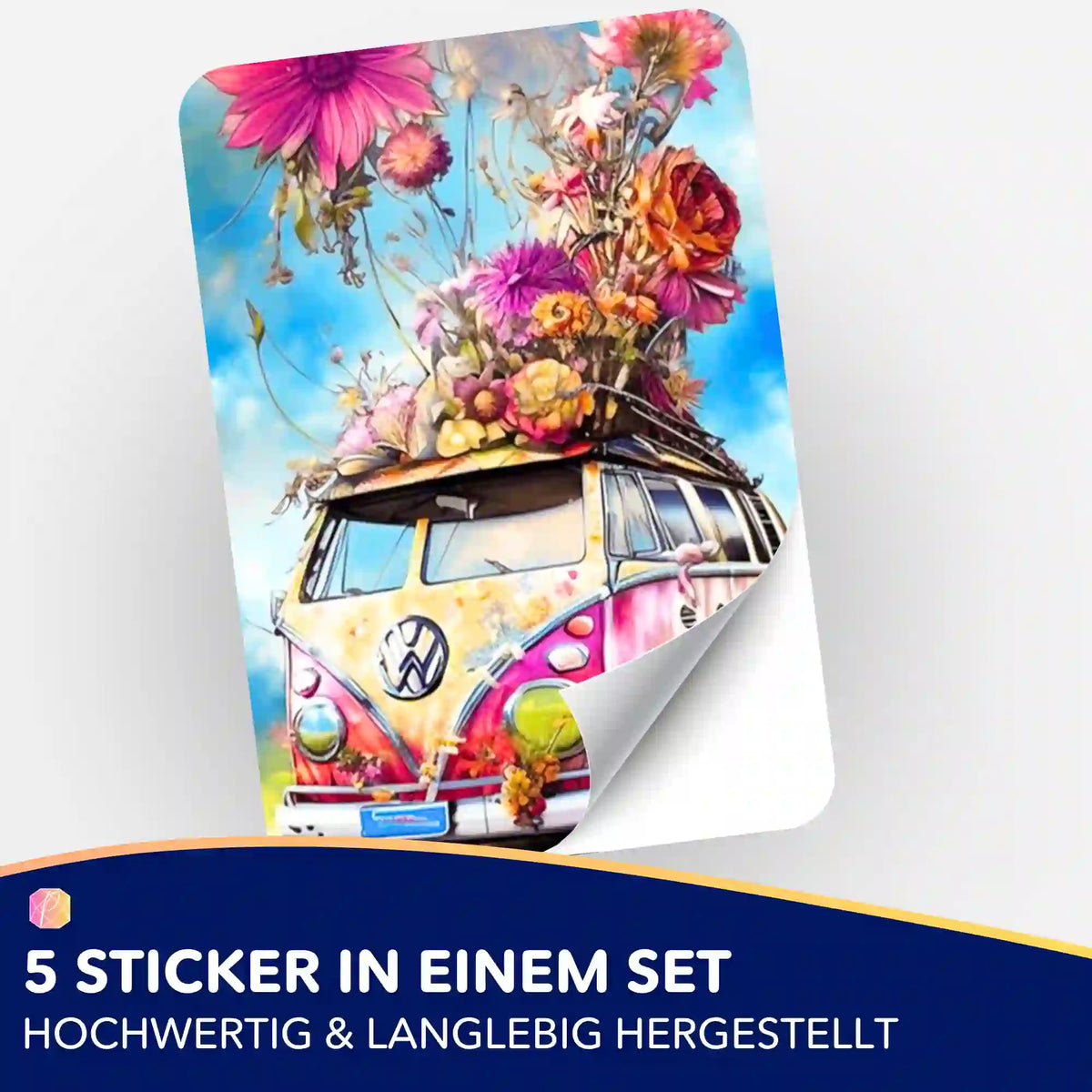 Flower Power Bully Sticker für Diamond Painting Zubehör – buntes VW-Bus Motiv mit Blumen für Hobby-Organisation