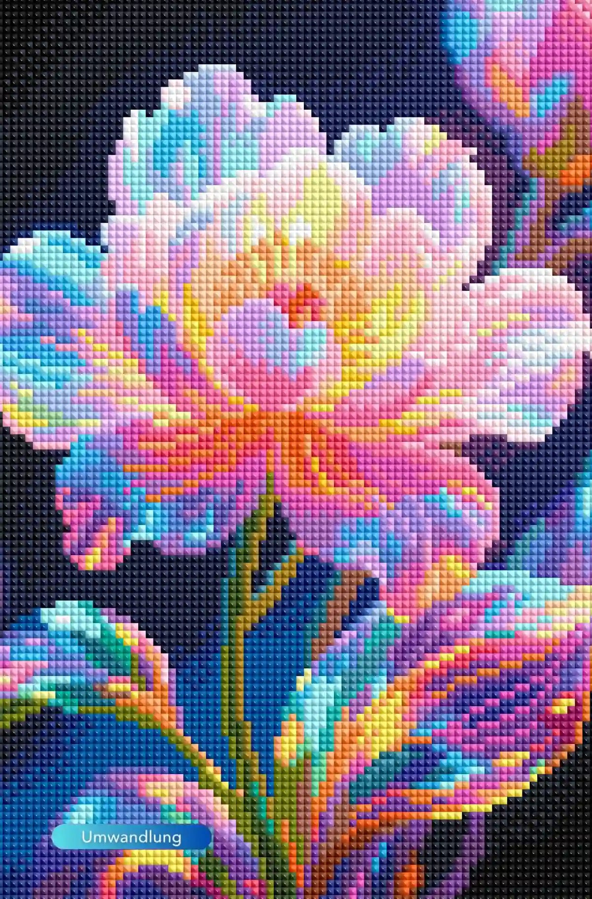 Diamond Painting Set mit magischer, leuchtender Blume in leuchtenden Regenbogenfarben vor dunklem Hintergrund.