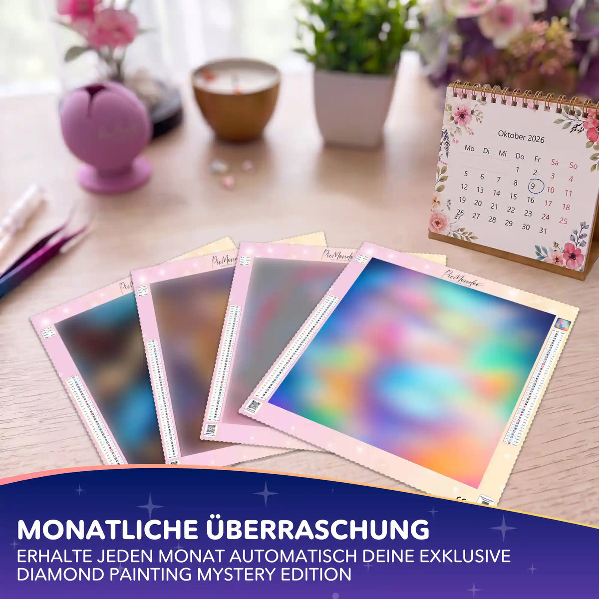 Mehrere Diamond Painting Mystery Edition Leinwände für das monatliche Bastel-Abo von Picmondoo auf einem Schreibtisch.