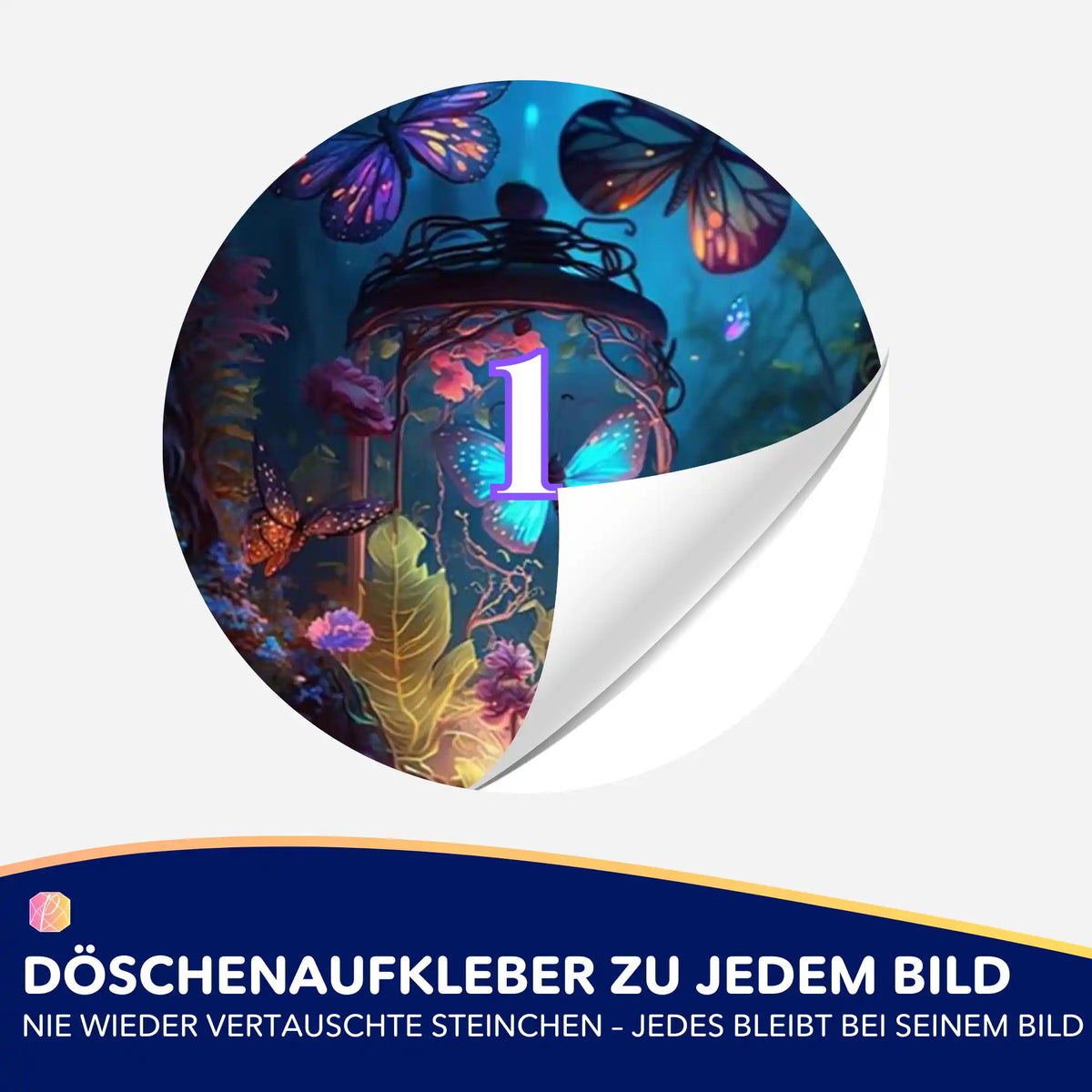 Bunter Döschenaufkleber mit Schmetterlings-Motiv zur Organisation von Diamond Painting Steinchen und Farben.