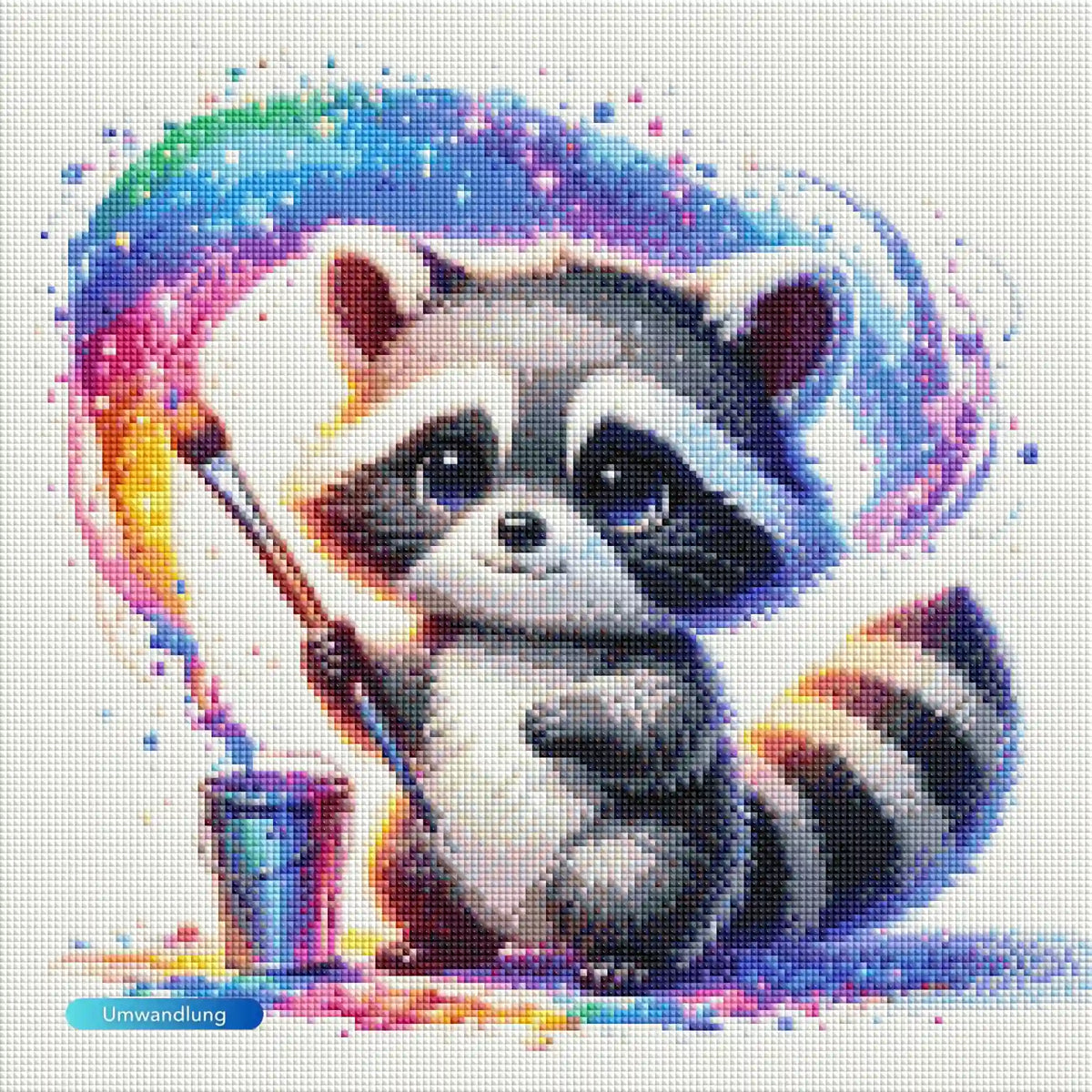 Diamond Painting Set eines süßen Waschbären als Cartoon mit Regenbogenfarben, Pinsel und Farbeimer auf glitzernder Leinwand