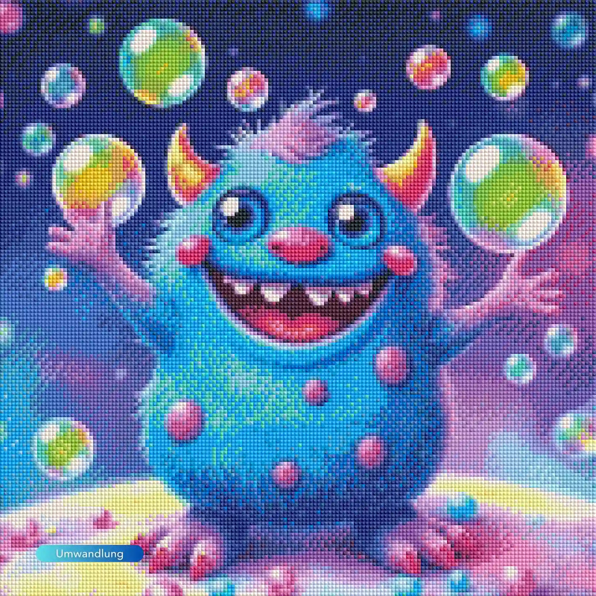 Diamond Painting mit buntem, fröhlichem Monster und Seifenblasen auf blauem Hintergrund für kreativen Bastelspaß.