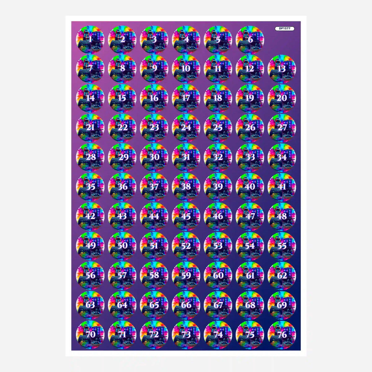 Bunte Gaming Zone Döschenaufkleber zur Organisation von Diamond Painting Sets mit Zahlen von 1 bis 76