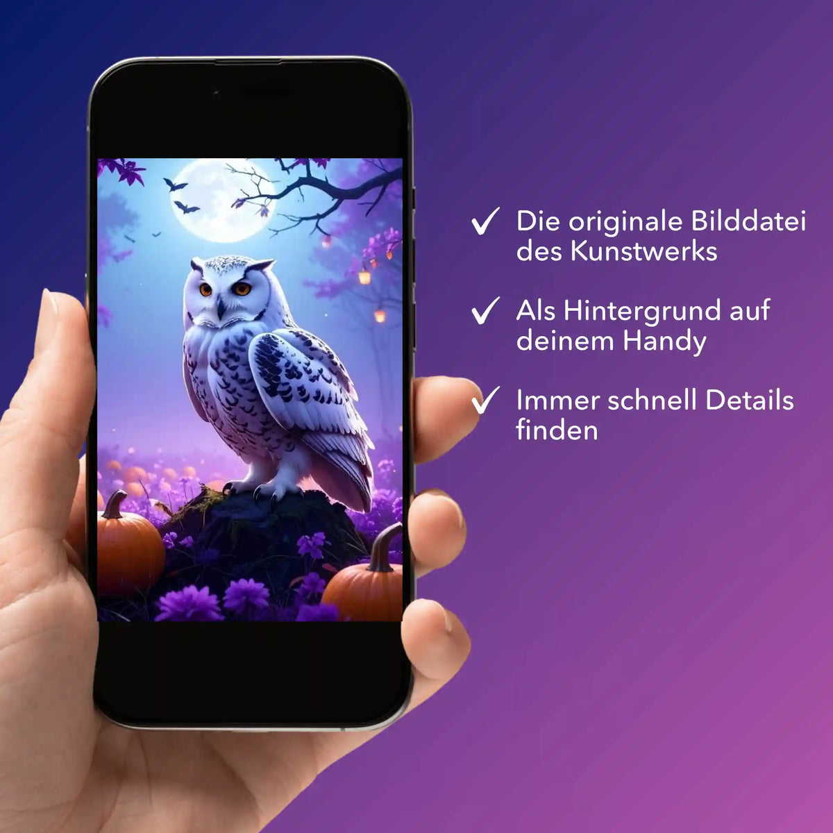 Digitale Bildmappe für Diamond Painting Motiv Nachtwächter Eule als Hintergrund auf einem Smartphone präsentiert