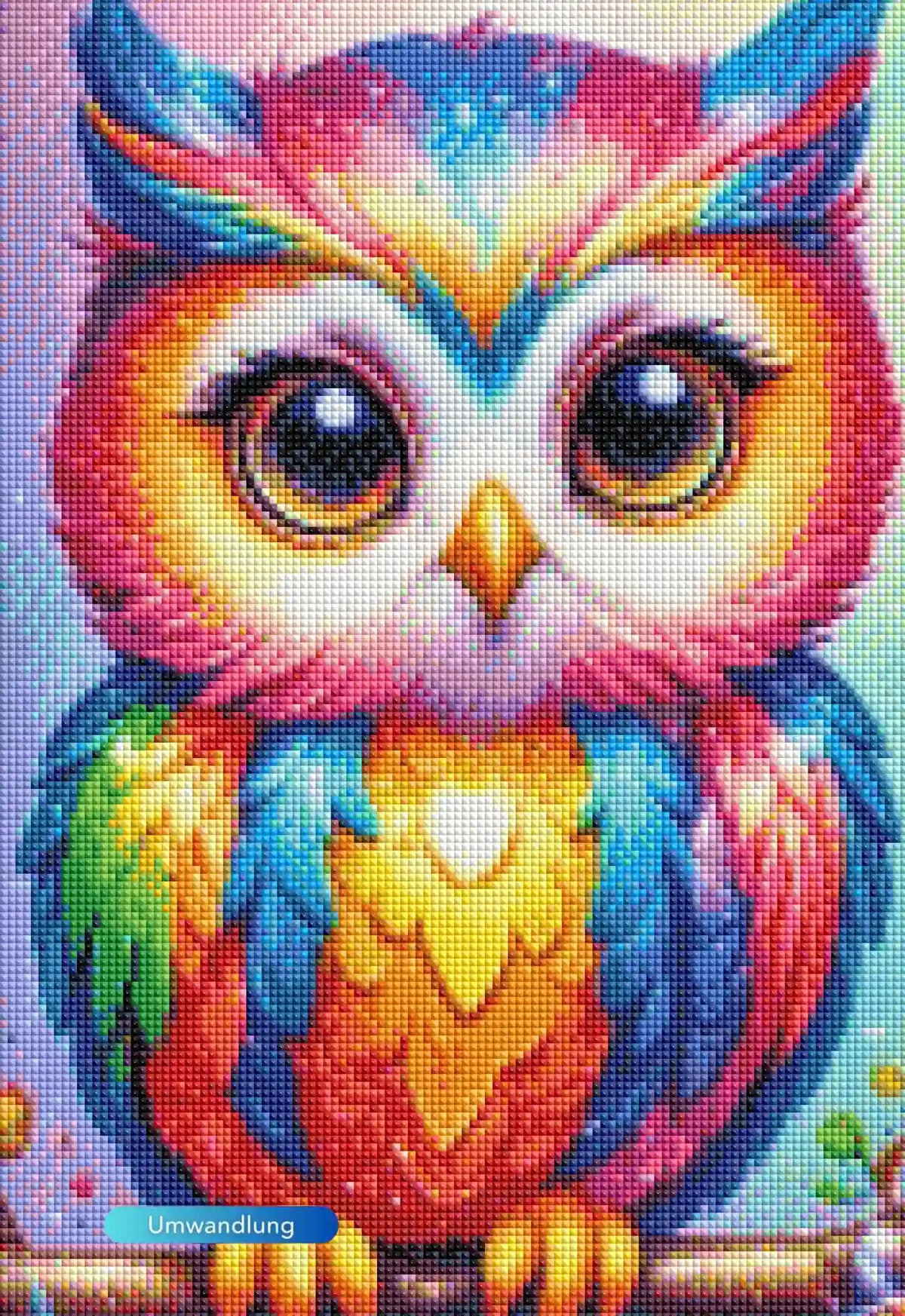 Diamond Painting Eule Frida: Bunte, detaillierte Eule mit leuchtenden Augen aus schimmernden, eckigen Steinchen