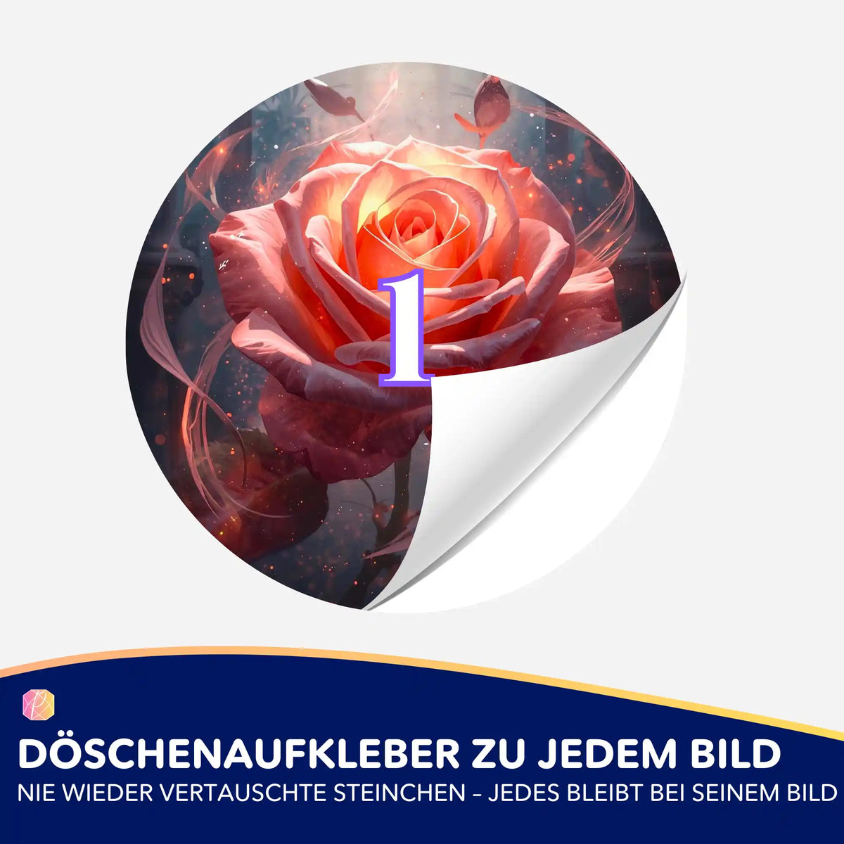 Runder Döschenaufkleber mit Rosenmotiv zur Sortierung von Diamond Painting Steinchen für Ordnung beim Basteln