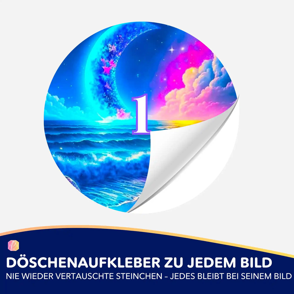 Bunter Döschenaufkleber mit Mondmotiv für die Diamond Painting Steinchen-Sortierung