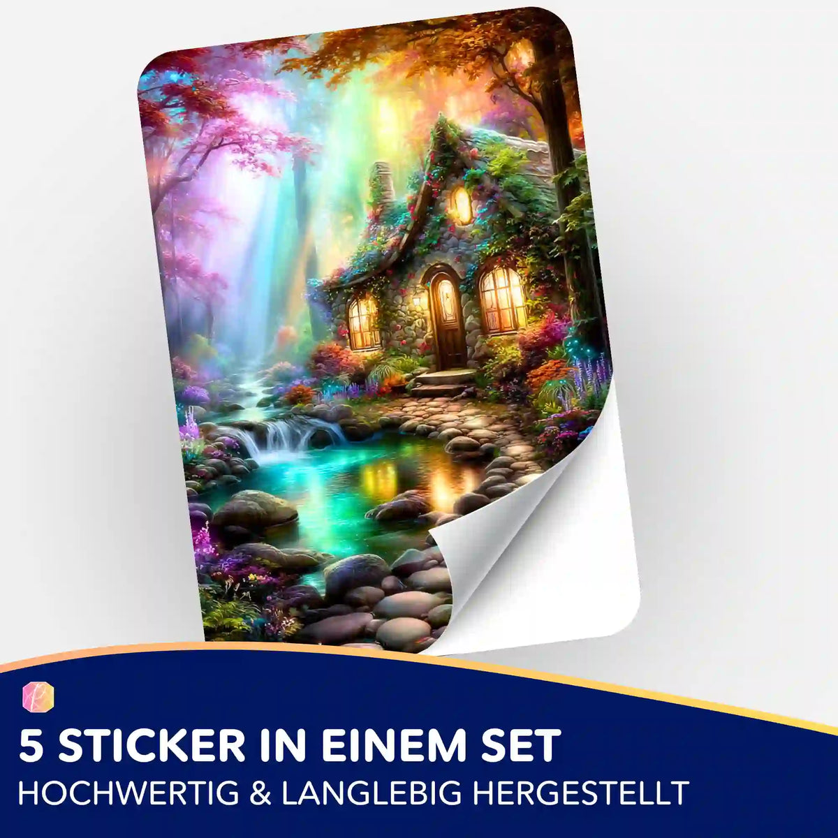 5er-Set Aufkleber für Diamond Painting: Magisches Haus im Wald mit leuchtendem Bach für dein kreatives Hobby