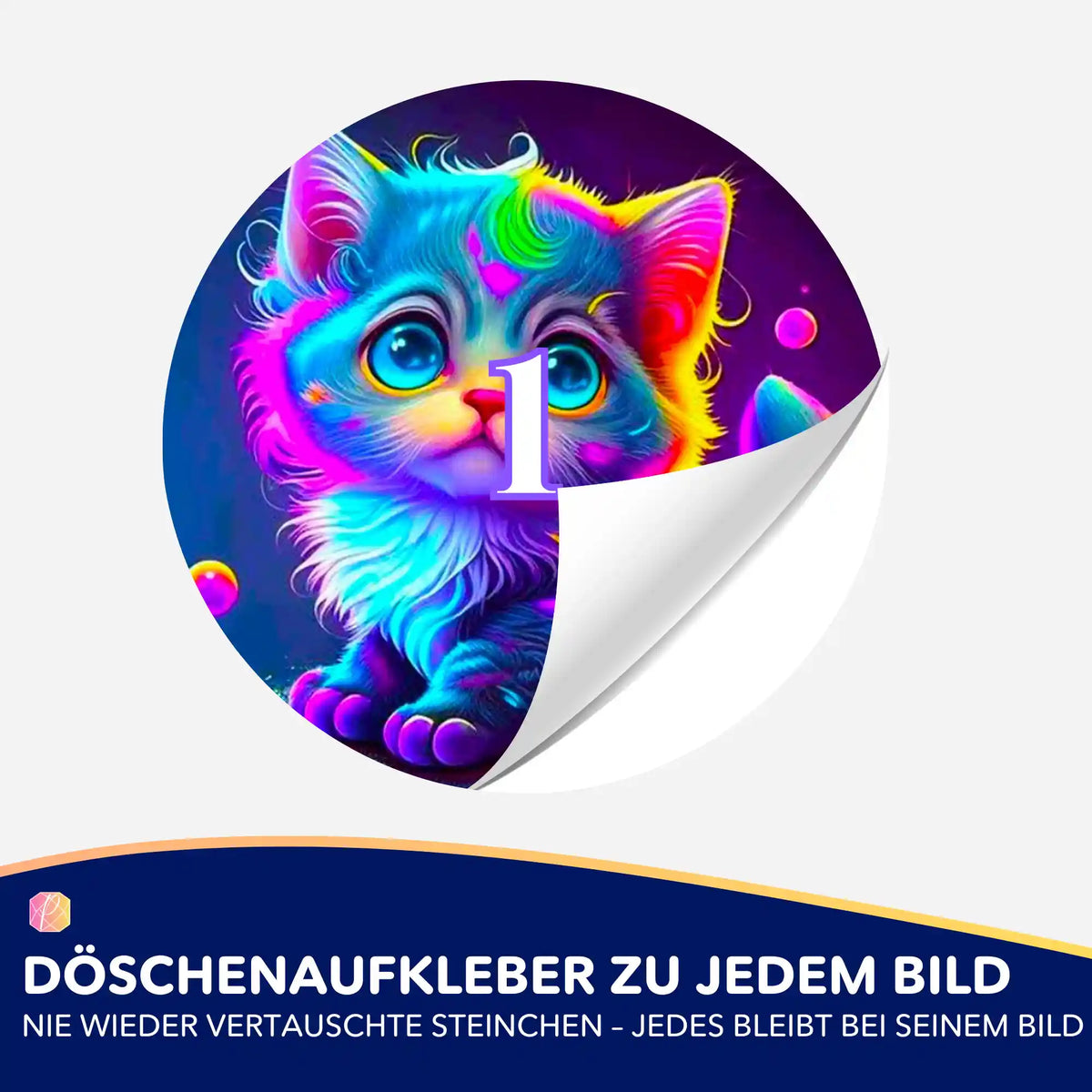 Bunter Rainbow Kitty Döschenaufkleber mit Nummer 1 für die Diamond Painting Zubehör-Sortierung und Organisation.