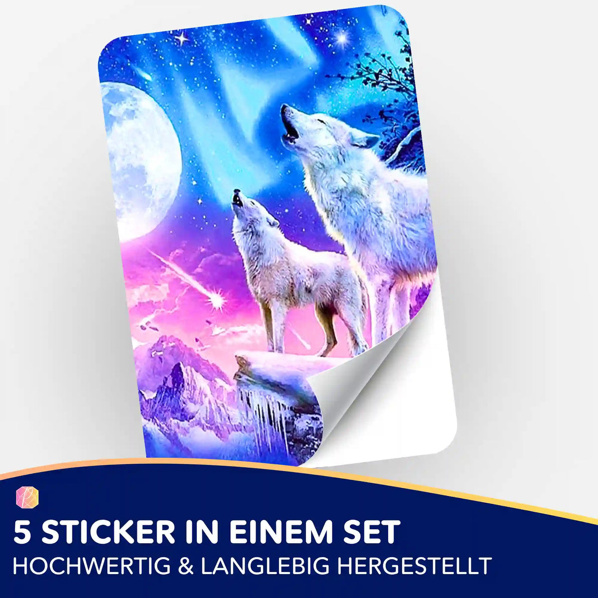 5er-Set Aufkleber mit Wolf-Motiv für Diamond Painting Fans, winterliche Landschaft mit Mond und Polarlichtern.