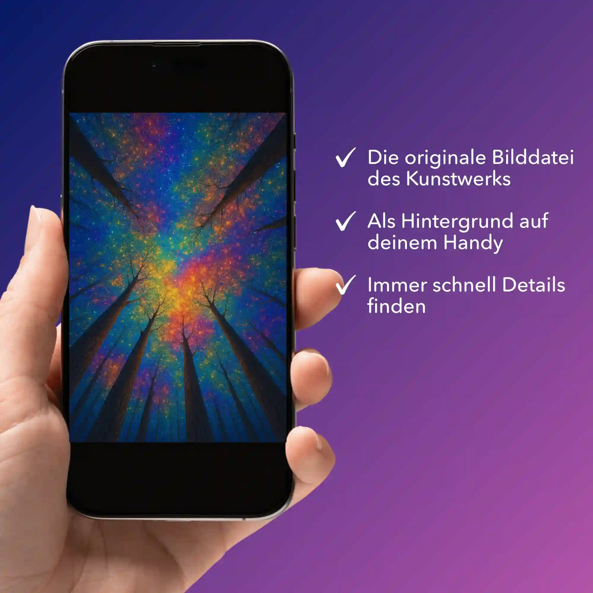 Digitale Bildmappe für Diamond Painting Regenbogenwald Motiv auf Smartphone zur schnellen Kontrolle der Details