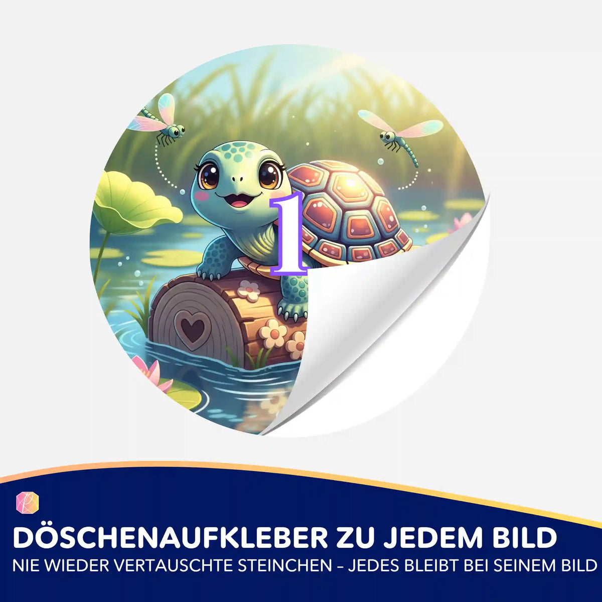 Runder Döschenaufkleber mit Schildkrötenmädchen Motiv zur Organisation von Diamond Painting Steinchen