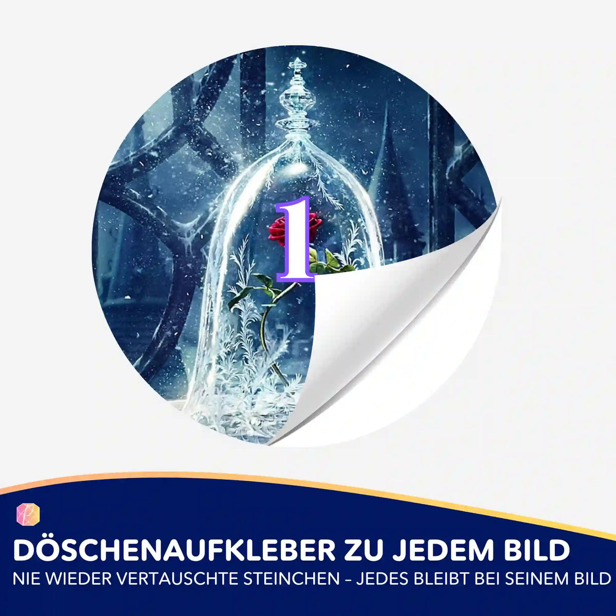 Döschenaufkleber mit Motiv Rose im Wunderglas zur Sortierung von Steinchen für dein Diamond Painting Zubehör