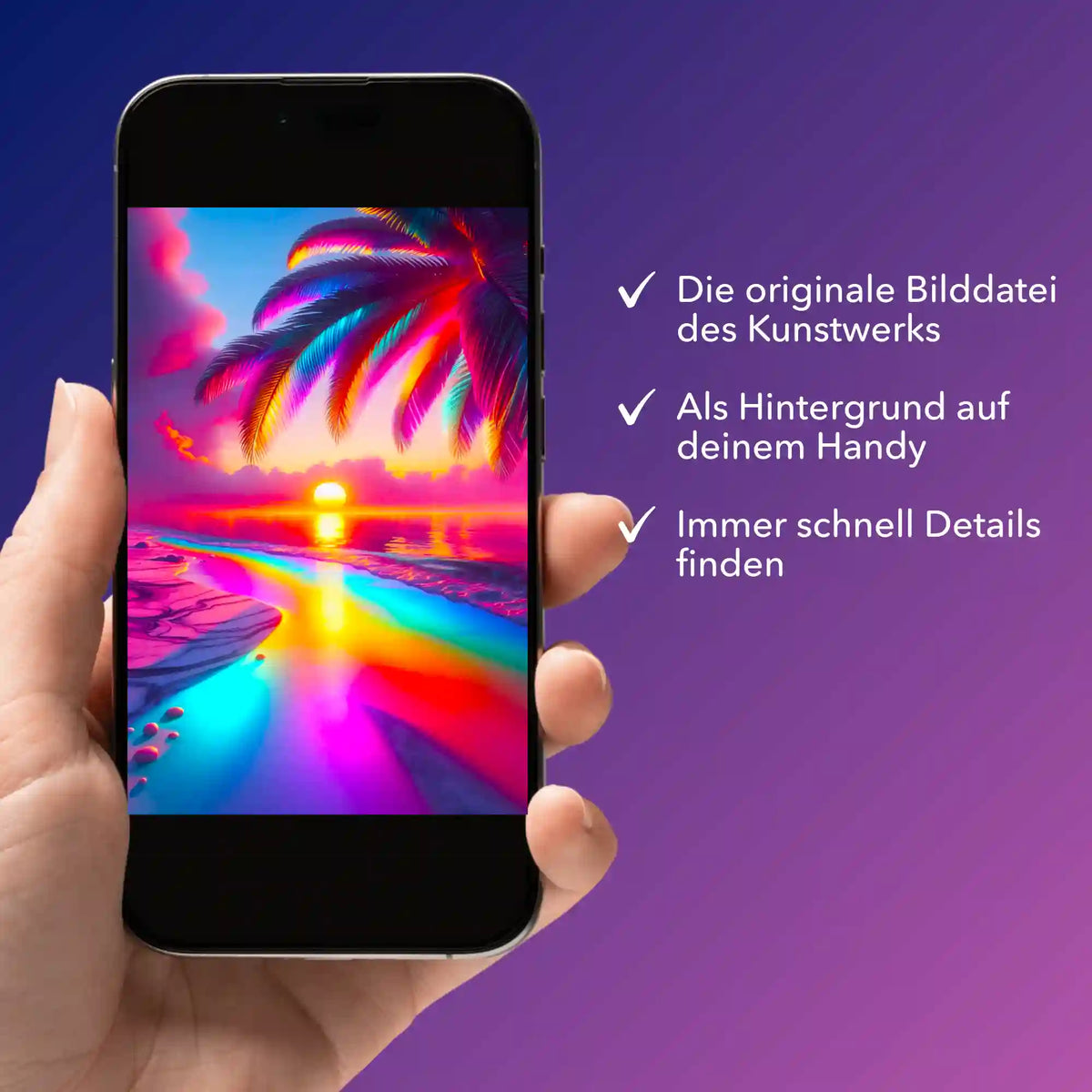Smartphone mit digitaler Bildmappe für Diamond Painting Motiv Zauberstrand zum Downloaden und als Hintergrundbild.