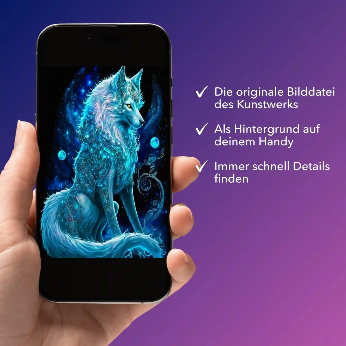 Digitale Bildmappe für Diamond Painting Design Verzauberter Wolf auf Smartphone präsentiert