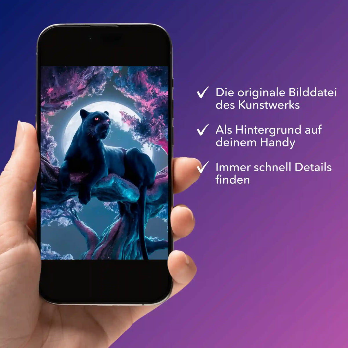 Digitale Motivvorlage Black Panther Kirschblütentraum für Diamond Painting oder Malen nach Zahlen auf Smartphone-Display