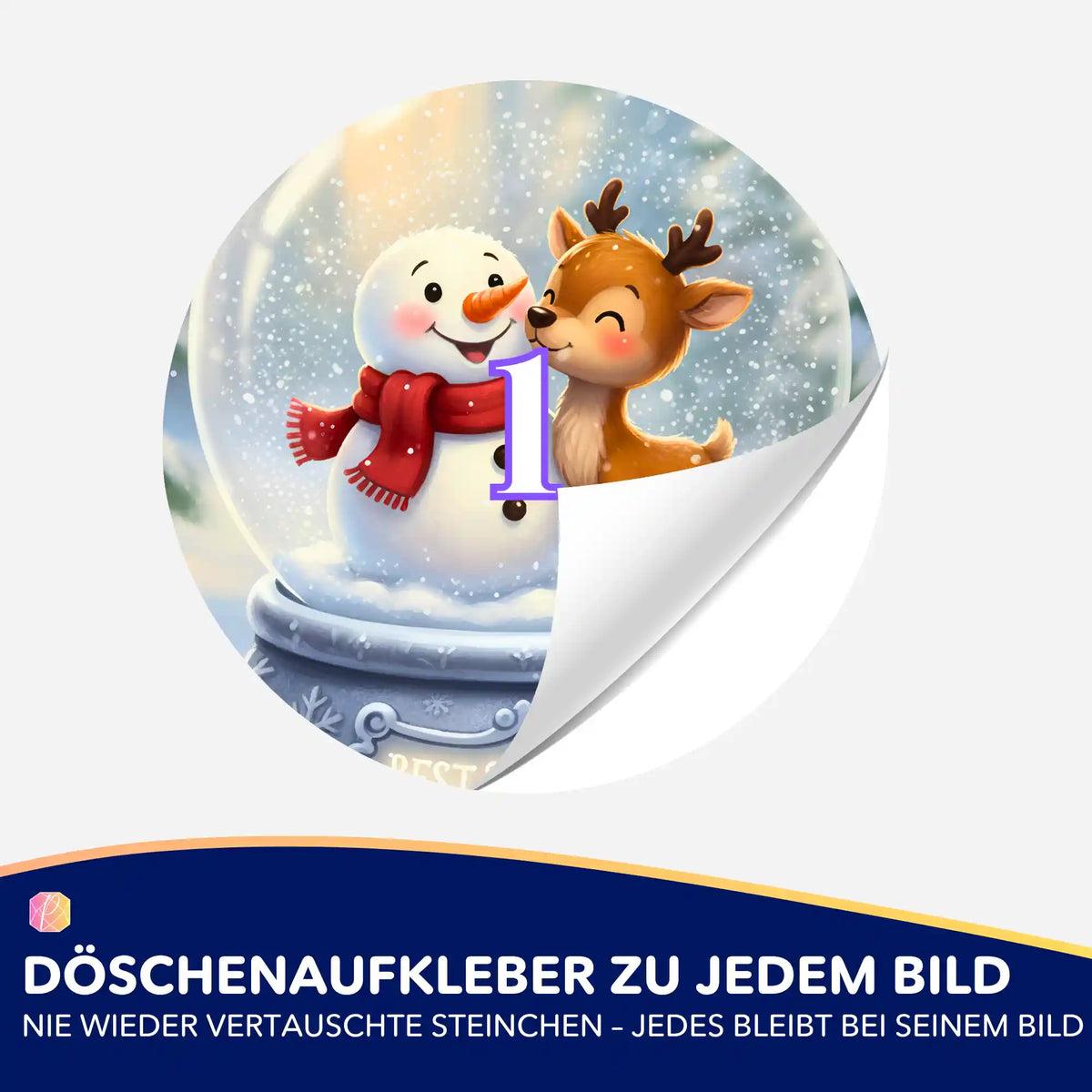 Runder Döschenaufkleber mit Schneemann und Rentier für die Organisation von Diamond Painting Steinchen