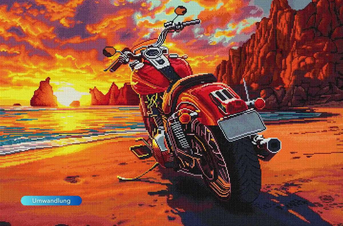 Diamond Painting Set eines Motorrads am Strand vor einem leuchtend orangen Sonnenuntergang mit Felsenküste
