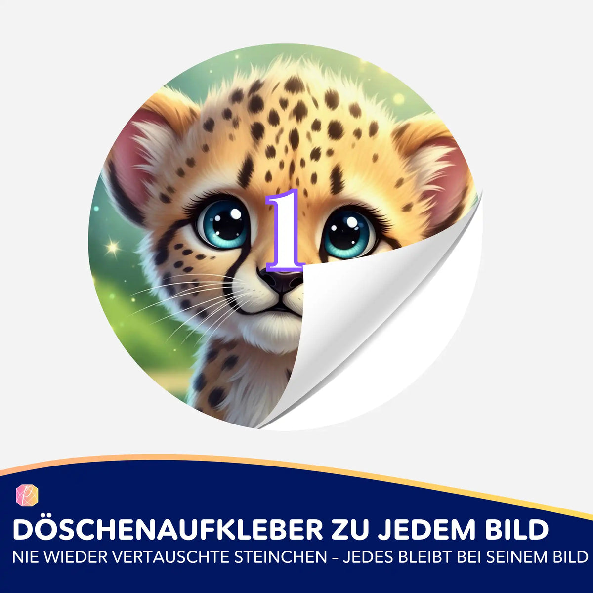 Runder Döschenaufkleber mit Kibo Geparden-Motiv zur Organisation von Diamond Painting Steinchen