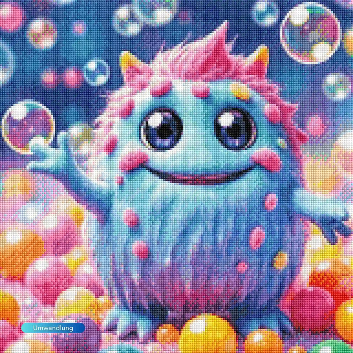 Diamond Painting Set Muffti: Buntes, niedliches Kawaii-Monster aus glitzernden Steinen mit Seifenblasen