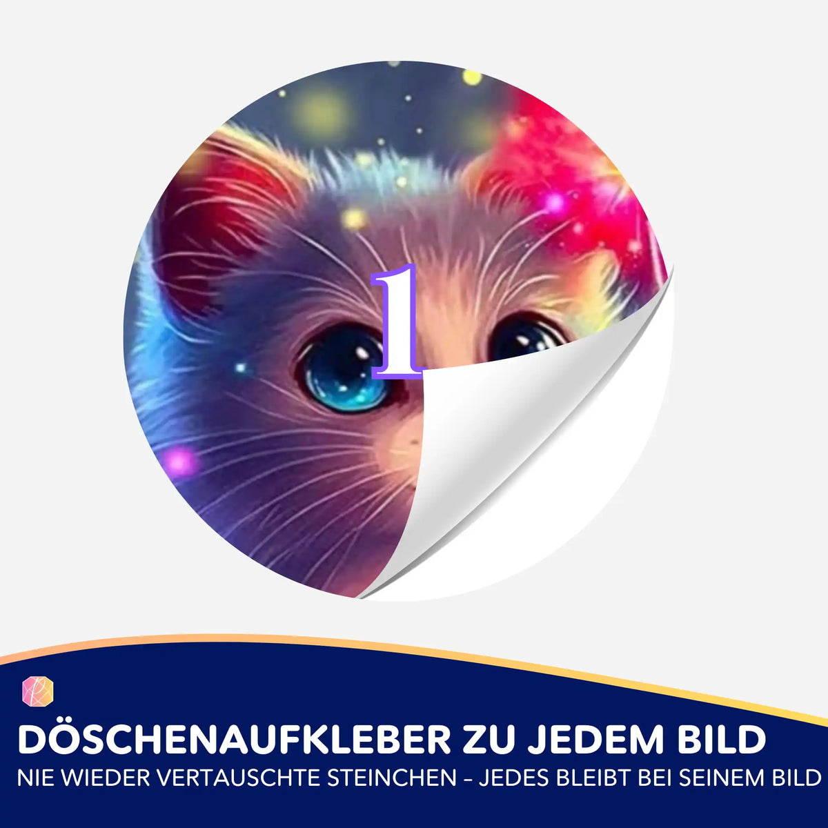 Runder Döschenaufkleber mit Zauberkätzchen-Motiv zur Sortierung von Diamond Painting Steinen und Zubehör.
