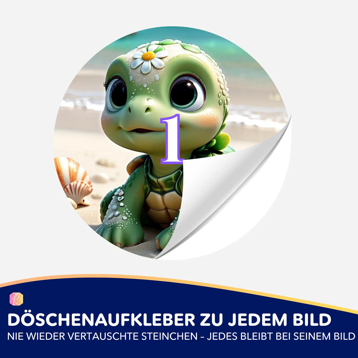 Rundes Döschenaufkleber-Set für Diamond Painting mit niedlicher Schildkröte Sunny Schildi zur Organisation der Steinchen.