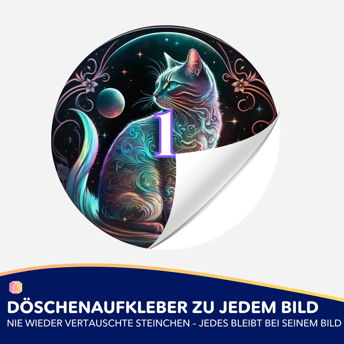 Bunter Döschenaufkleber für Diamond Painting mit Katzen-Motiv zum einfachen Sortieren der Steinchen im Zubehör-Set