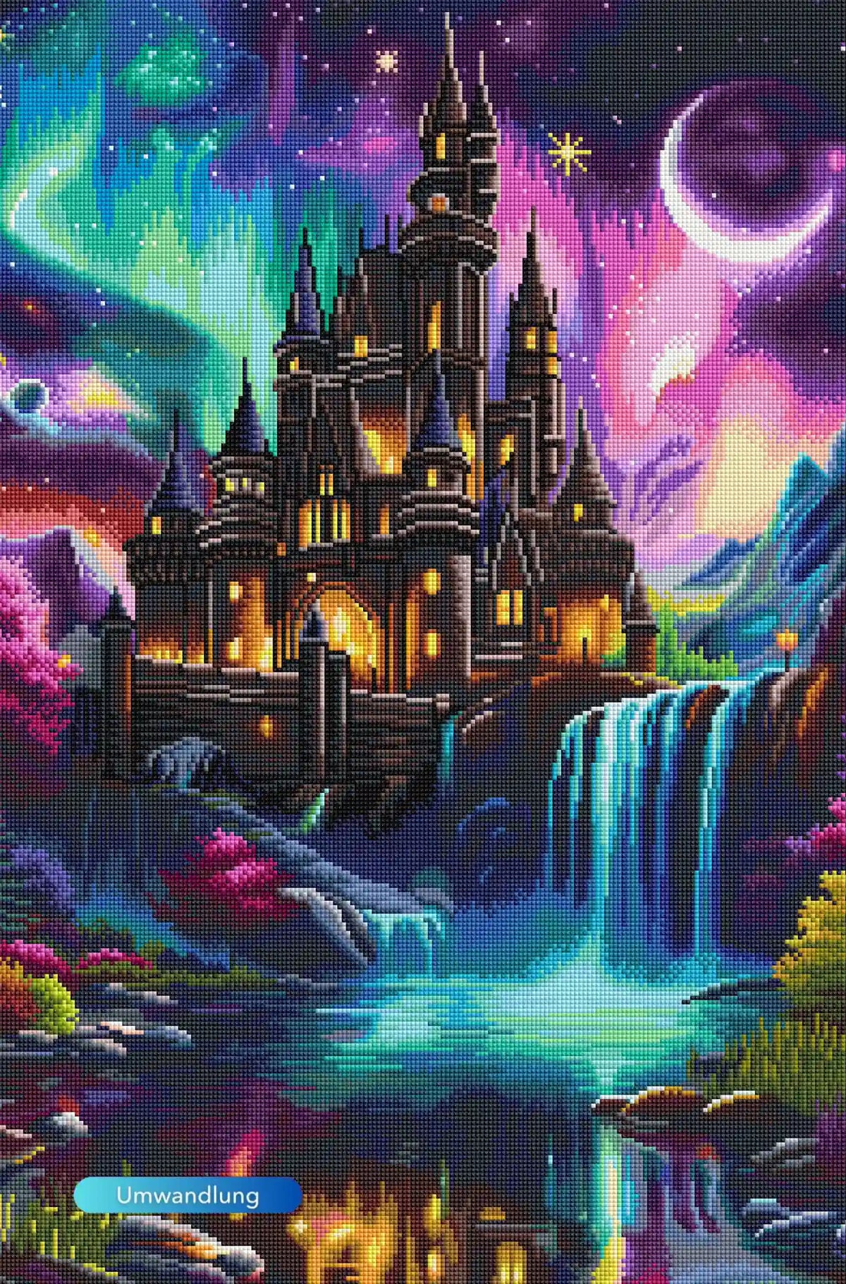 Diamond Painting Set Märchenschloss mit Wasserfall, Nordlicht und Sternenhimmel im 50x75cm Fantasy-Design aus bunten Steinen