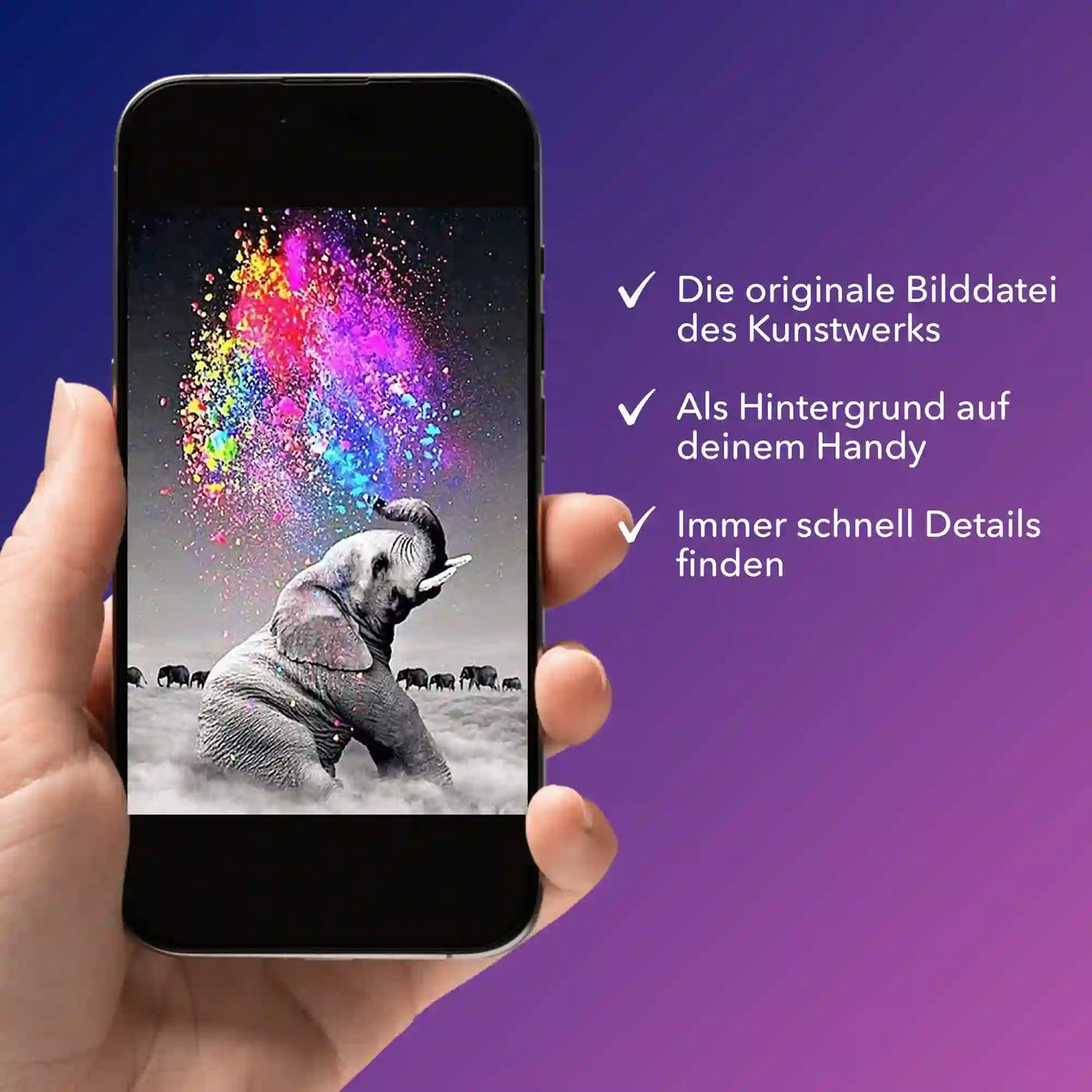 Digitale Bildmappe zum Diamond Painting Motiv Elefant Farbenspiel als PDF auf einem Smartphone