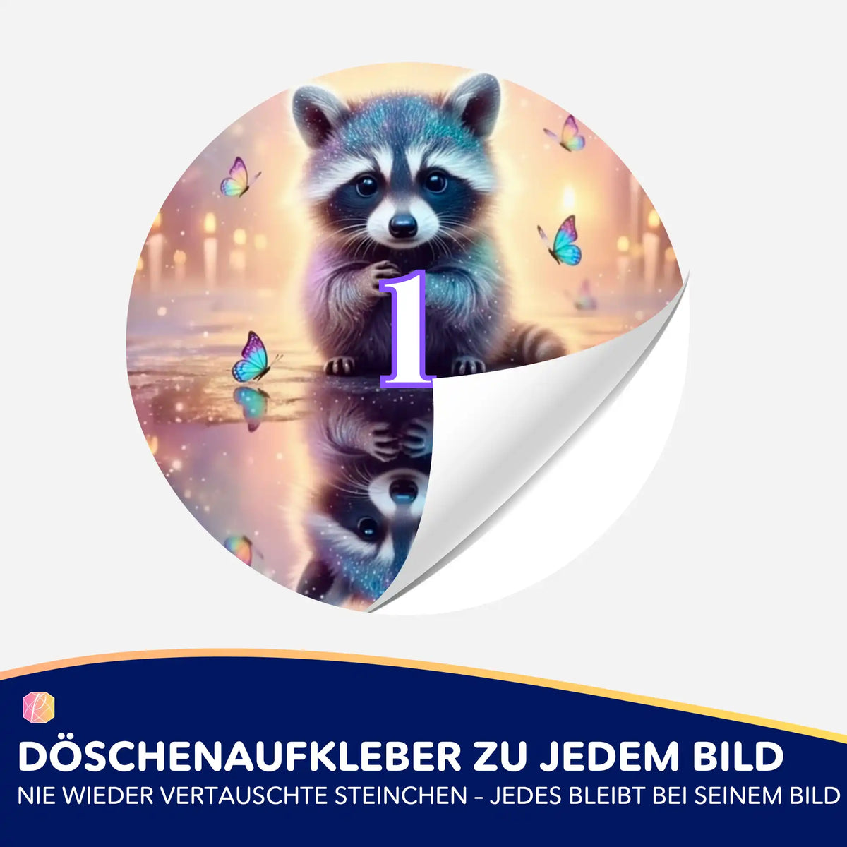 Runder Döschenaufkleber mit Waschbär-Motiv zur Organisation von Diamond Painting Steinchen