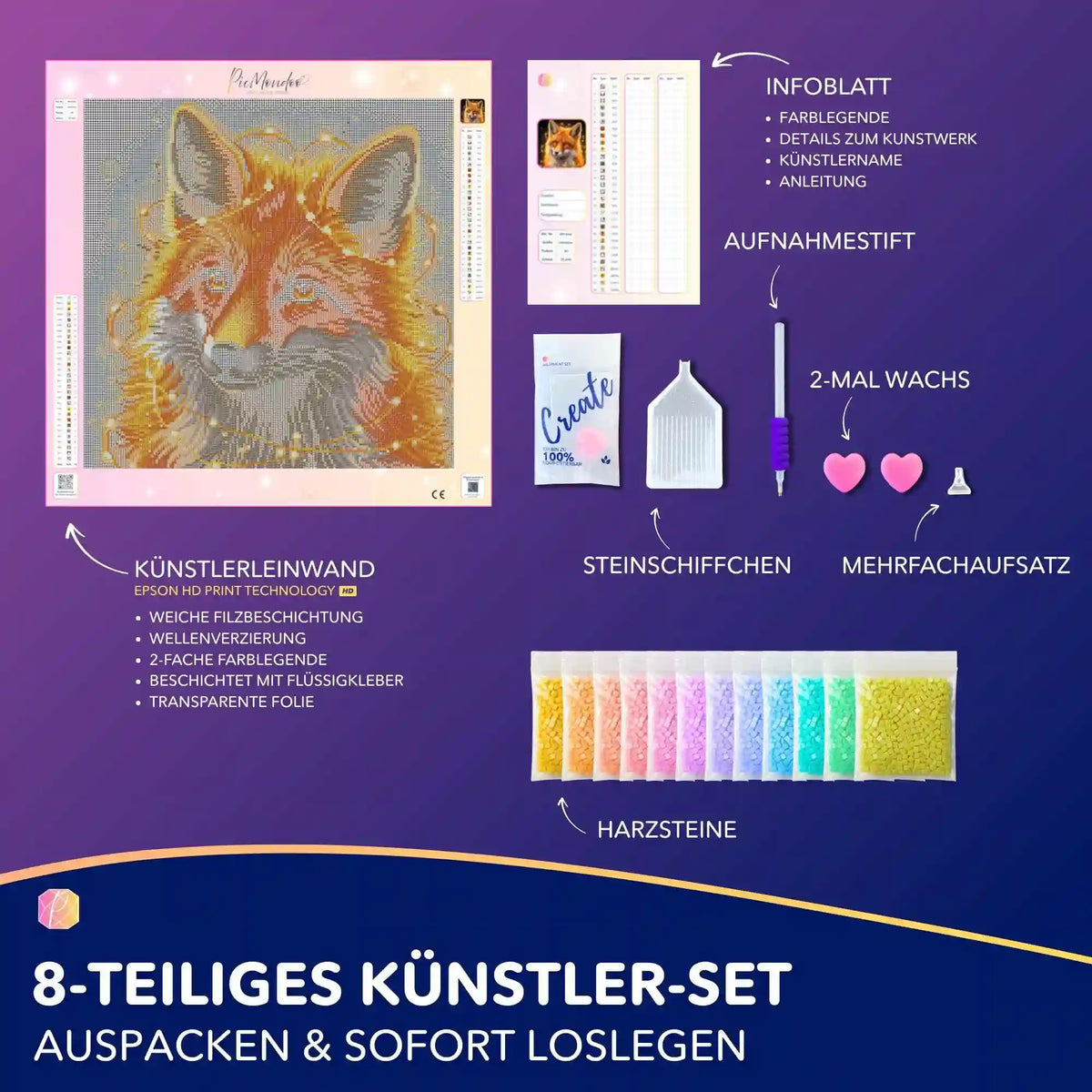 Picmondoo Diamond Painting Set Lyra mit Fuchs-Motiv, hochwertiger Leinwand, Harzsteinen und komplettem Zubehör für DIY-Kunst