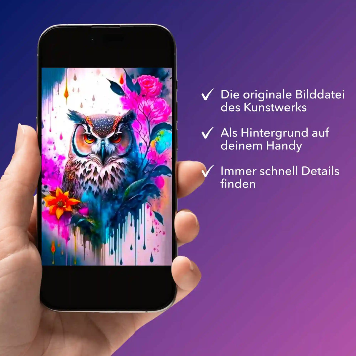 Digitale Bildmappe zum Diamond Painting mit buntem Eulen-Motiv auf einem Smartphone als hochwertige Vorlage.