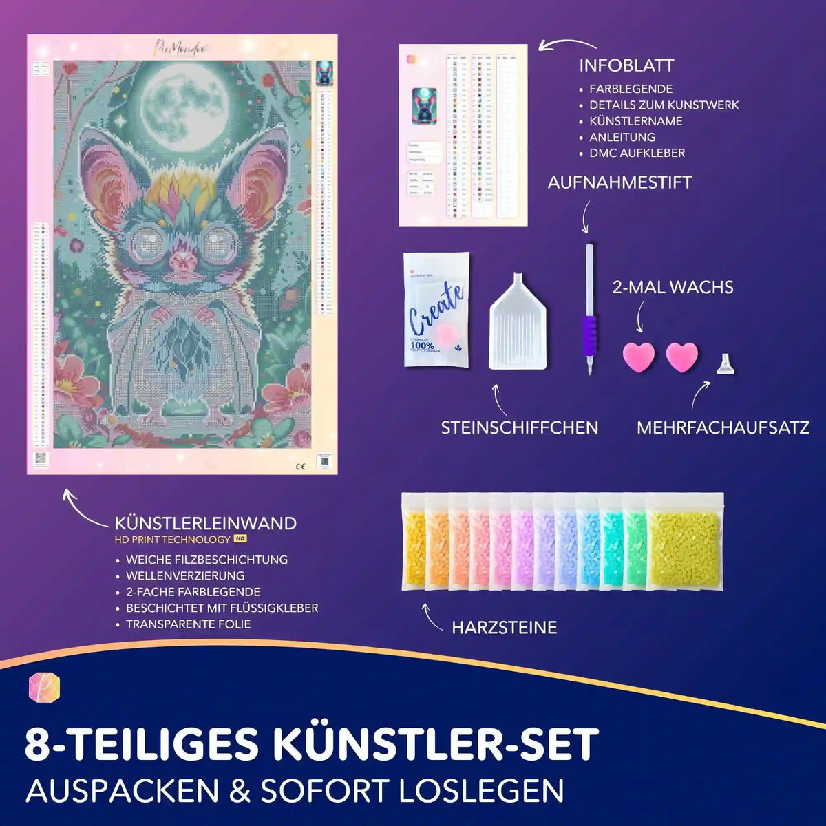 Diamond Painting Set Freddy Fledermaus mit Leinwand, bunten Harzsteinen und Zubehör für ein magisches Fantasy-Motiv.