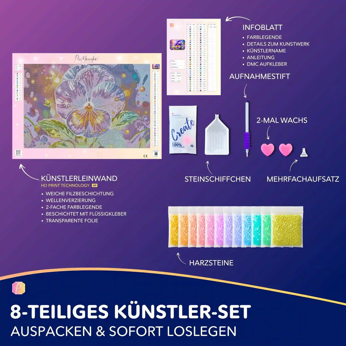 Picmondoo Diamond Painting Set Sternenveilchen mit Leinwand, bunten Harzsteinen und komplettem Zubehör für DIY-Kunst.