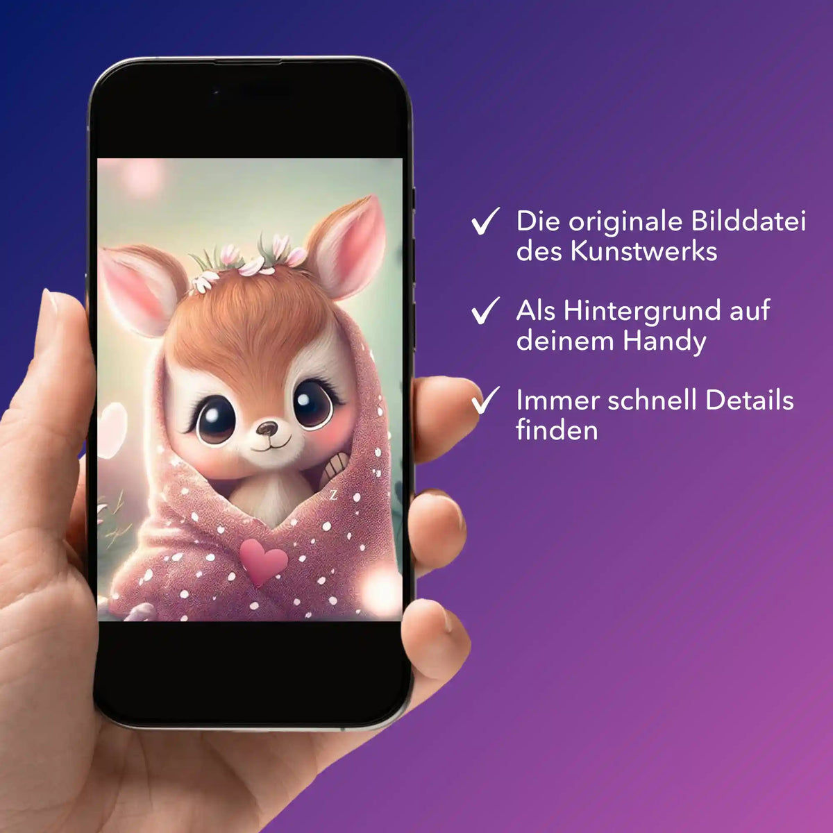 Digitale Bildmappe für Diamond Painting mit süßem Rehkitz-Motiv auf dem Smartphone