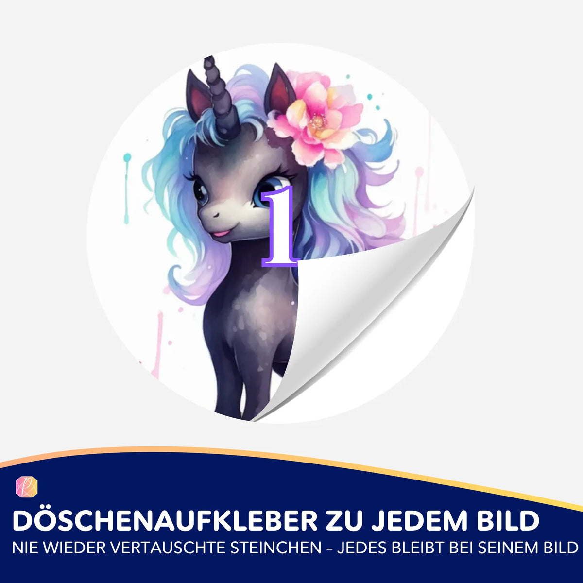 Runder Döschenaufkleber mit Einhorn-Motiv Serafina zur Organisation von Diamond Painting Steinchen