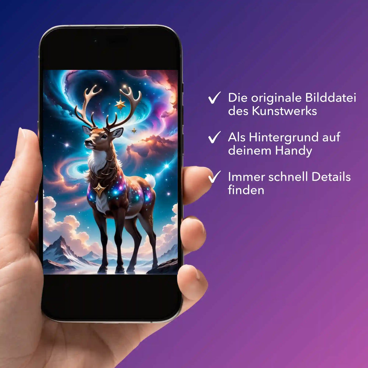 Digitale Bildmappe zum Diamond Painting Motiv Rentier im Abendzauber auf einem Smartphone angezeigt