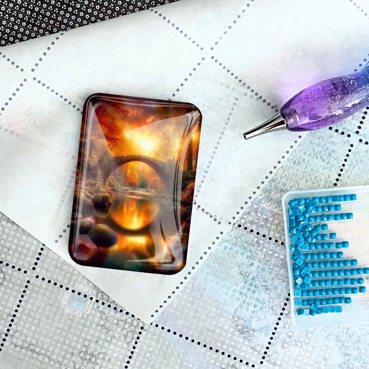 Magischer Glas-Cover-Minder Brücke der ewigen Stunde für Diamond Painting Zubehör auf Leinwand mit Stift und Steinen