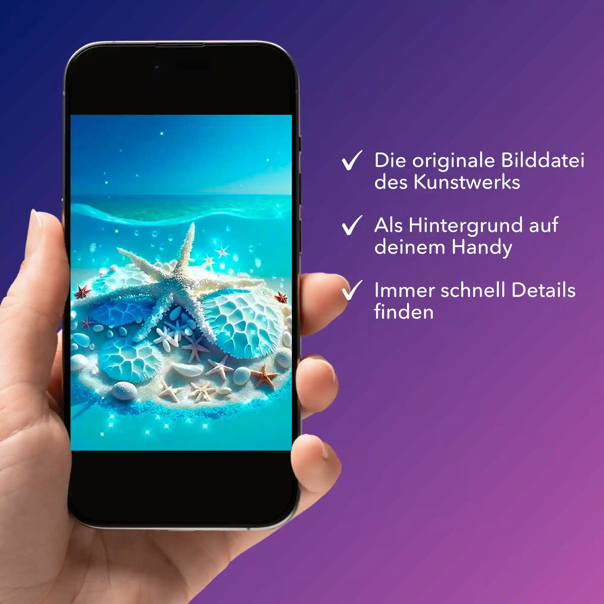 Digitale Bildmappe zum Diamond Painting Motiv Blaue Meeressymphonie auf dem Smartphone mit Seesternen und Korallen.
