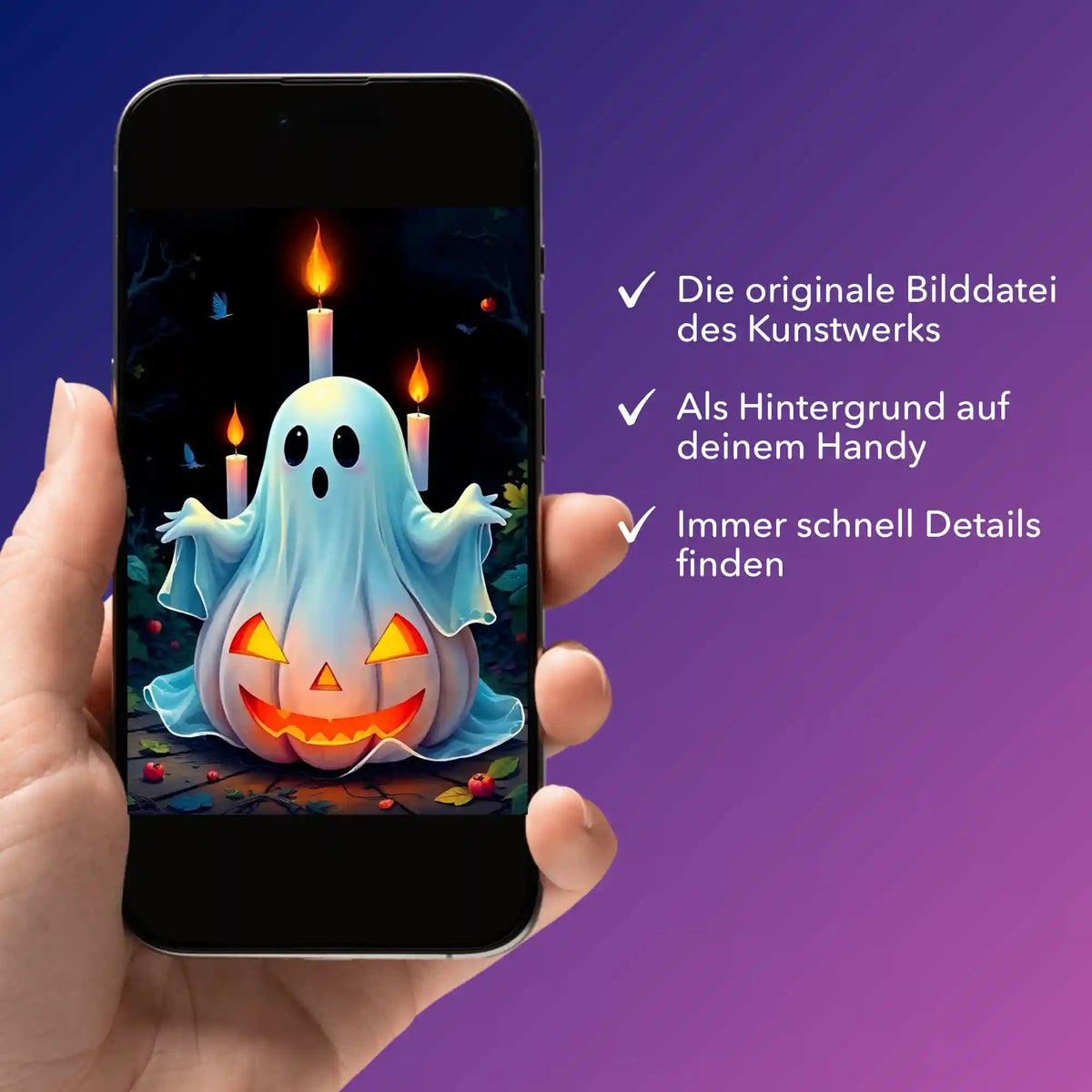 Digitale Picmondoo Bildmappe mit Halloween-Geist-Motiv für Diamond Painting und Malen nach Zahlen auf einem Smartphone