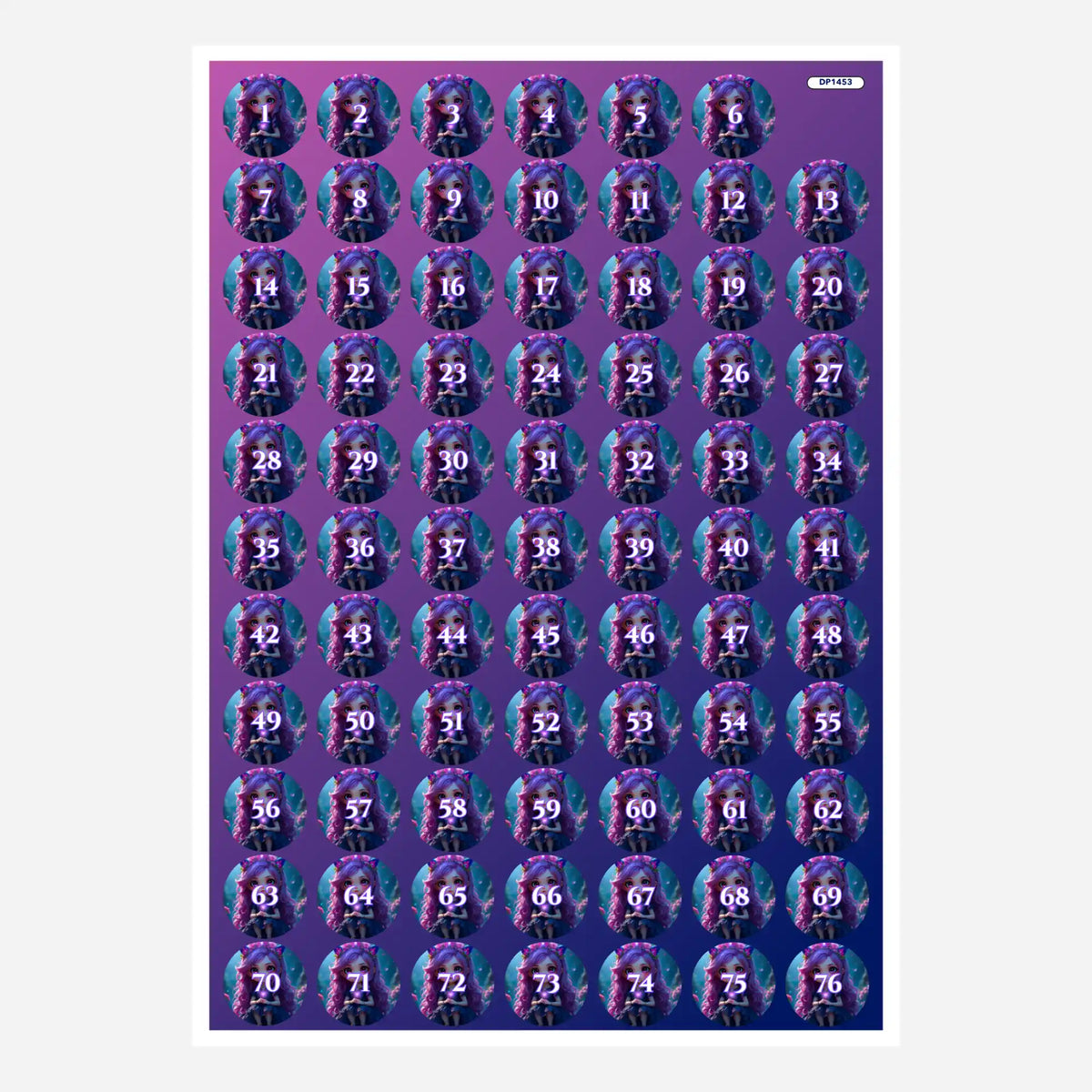 Buntes Diamond Painting Aufkleber-Set Little Violett mit 76 nummerierten Etiketten zur Organisation von Steinchen.