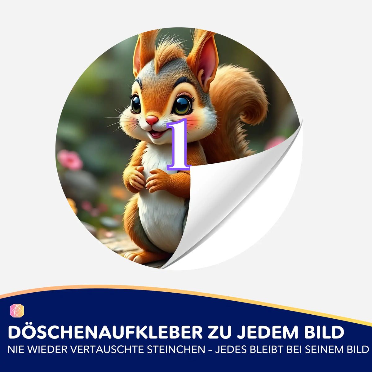 Runder Döschenaufkleber mit niedlichem Eichhörnchen-Motiv zur Sortierung von Steinen für dein Diamond Painting Zubehör.