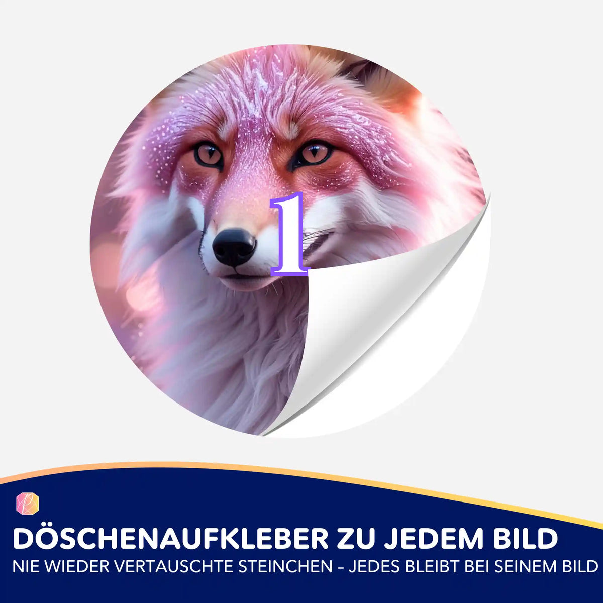 Runder Döschenaufkleber mit Fuchsmotiv zur Organisation von Diamond Painting Steinchen bei der Arbeit am DIY-Set.