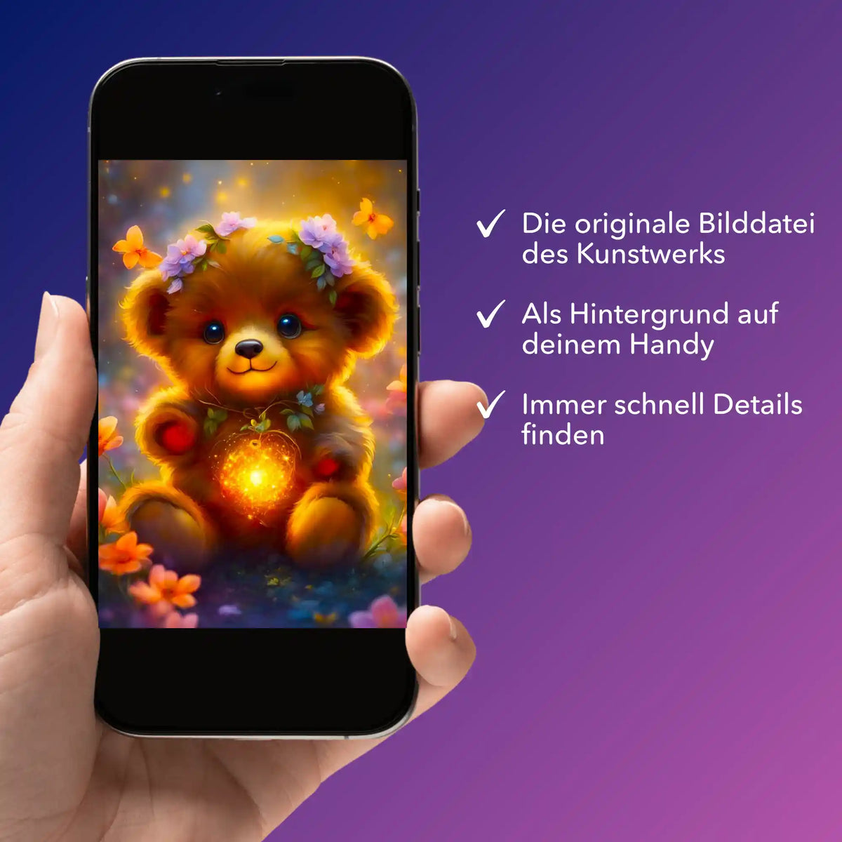 Digitale Bildmappe für Diamond Painting: Smartphone mit süßem Leuchtbären-Motiv als Hintergrund für kreative Bastelfans.