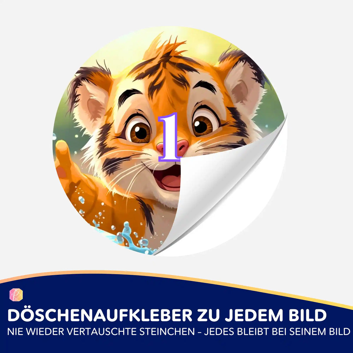 Runder Döschenaufkleber mit Tiermotiv für Diamond Painting Organisation mit der Zahl 1 und abziehbarer Ecke.